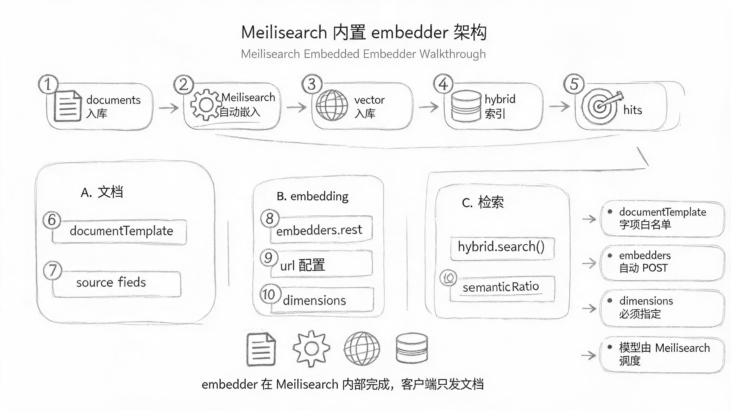 Meilisearch 内置 embedder 自动嵌入调用链路架构图