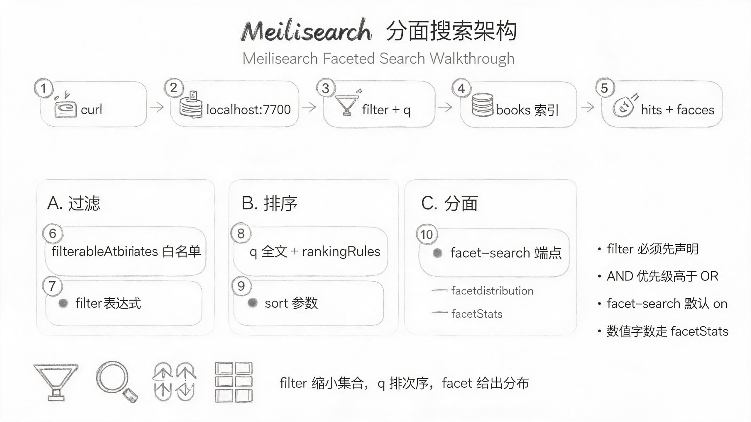 Meilisearch 分面搜索与过滤调用链路架构图