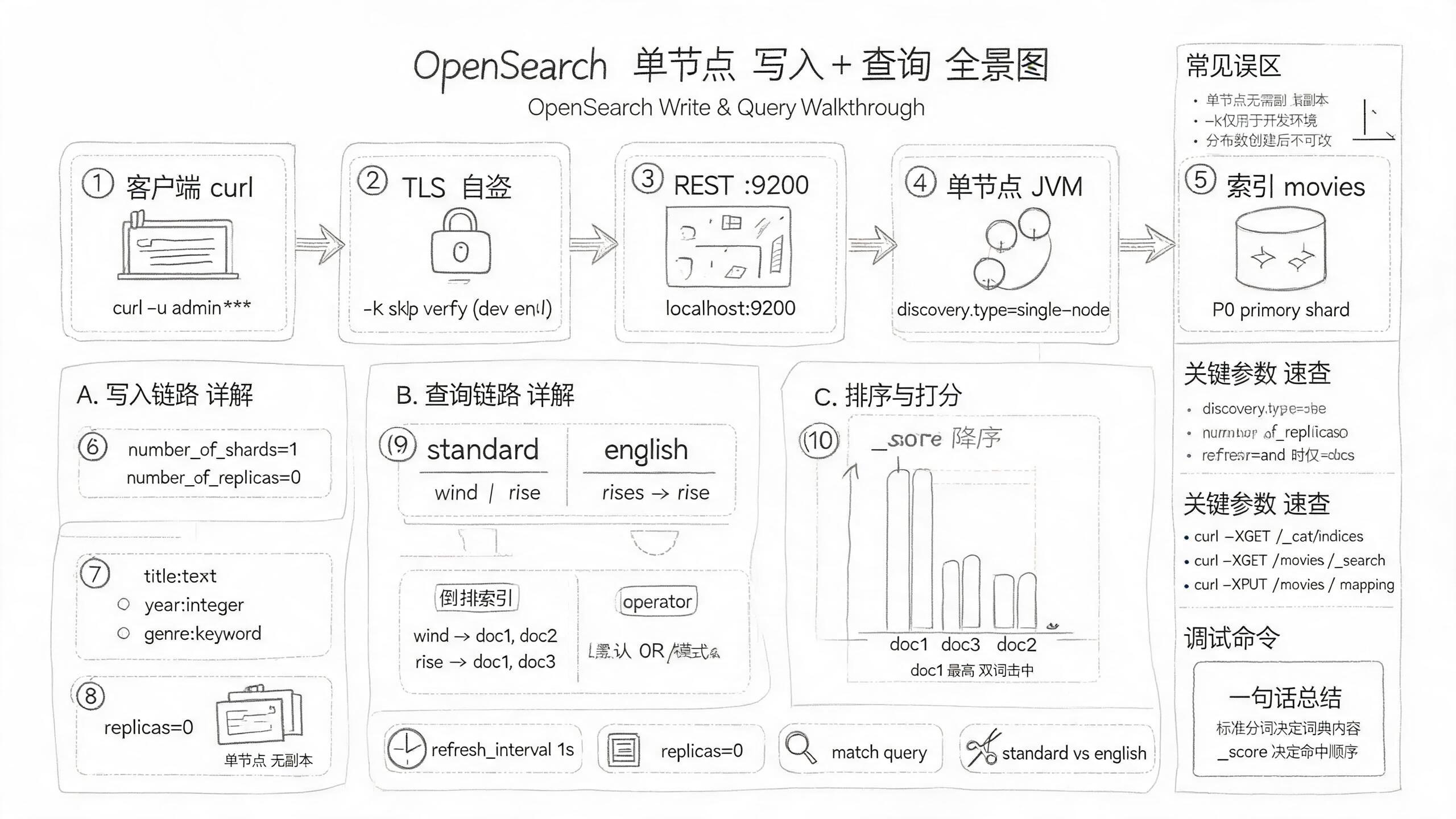 OpenSearch 业务逻辑全景图：写入链路 curl → 9200 → 节点 → movies 索引，查询链路 wind rise 经分词后进倒排索引，返回 3 条命中