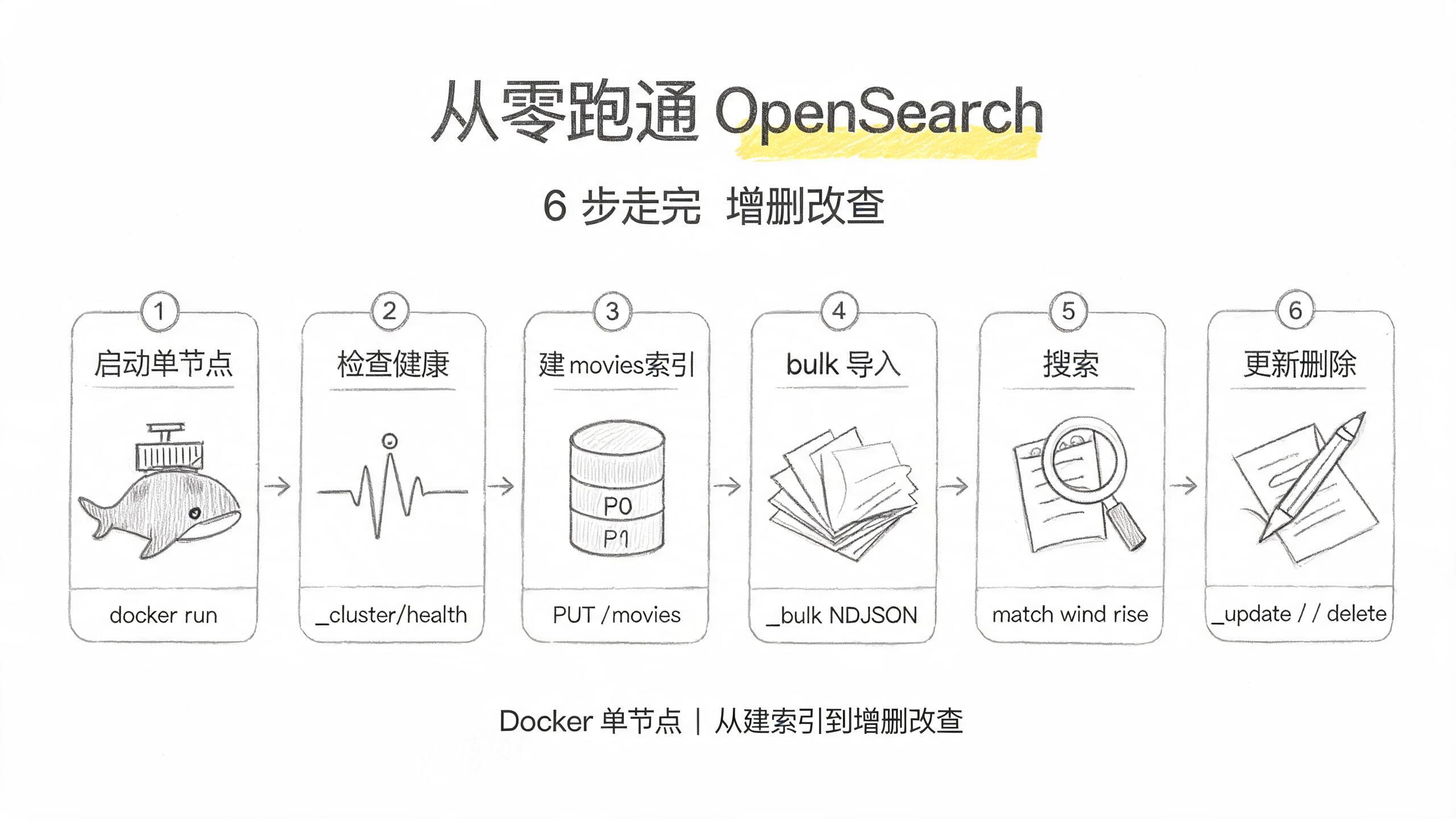 从零跑通 OpenSearch 6 步流程封面：启动单节点 → 检查健康 → 建 movies 索引 → bulk 导入 → 搜索 → 更新删除